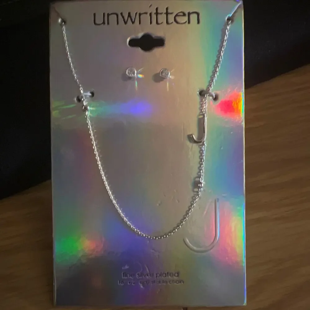 Unwritten Fine Silver-Plated Letter J Initial Necklace and Earring Set New